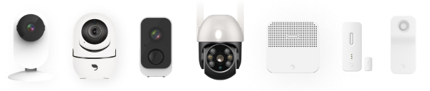 防犯カメラ（室内カメラと屋外カメラ）、防犯ブザー、開閉センサー、人感センサー、防犯ステッカーの画像